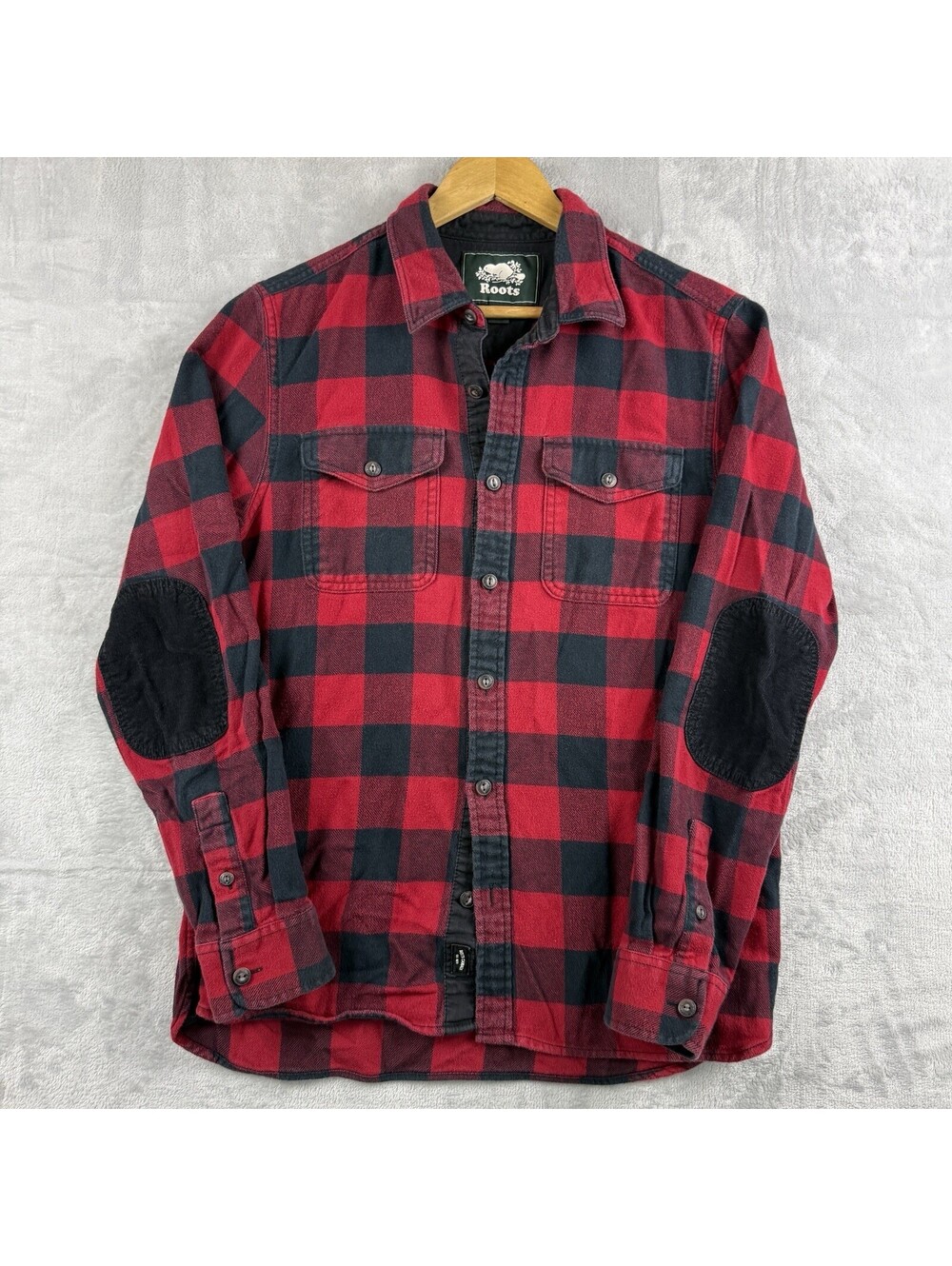 Roots Buffalo Plaid Flannel Shirt Men Sz M Red Black Elbow Patch Heritage Retro